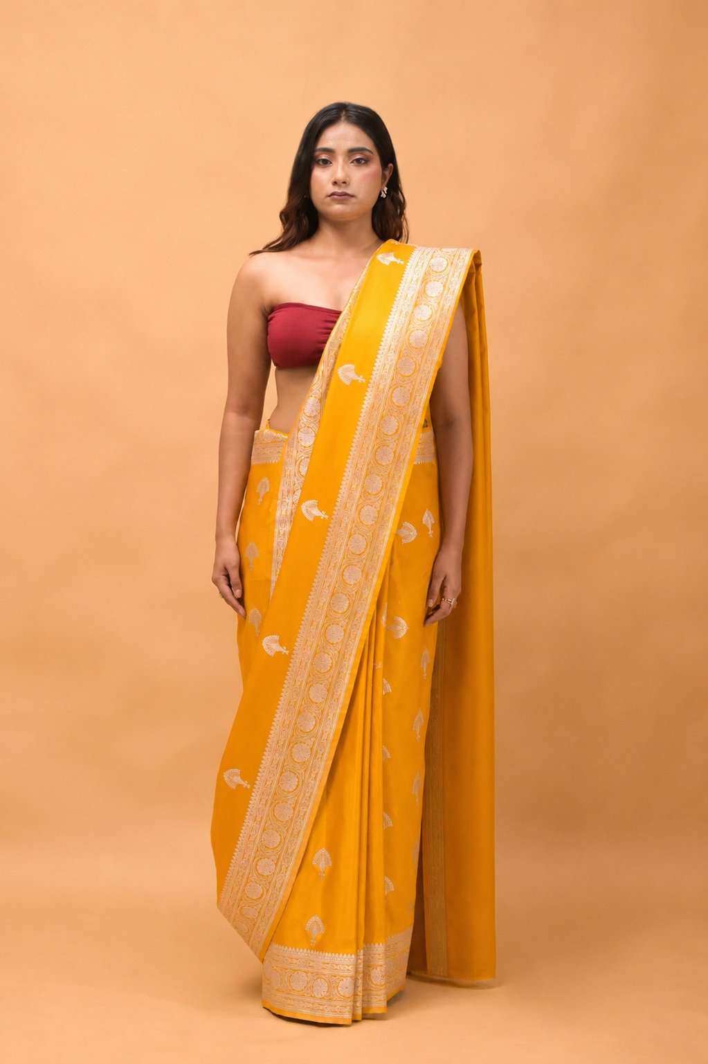 Musturd Yellow Mashroom Buta Silk Banarasi katan Saree